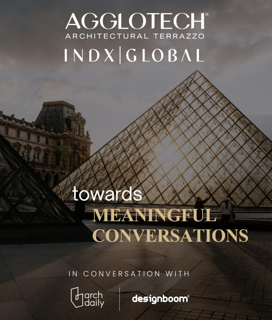 Promotional banner over the Louvre glass pyramid with large white text reading 'AGGLOTECH Architectural Terrazzo' and INDX Global Paris 2026 and sponsor logos at the bottom.