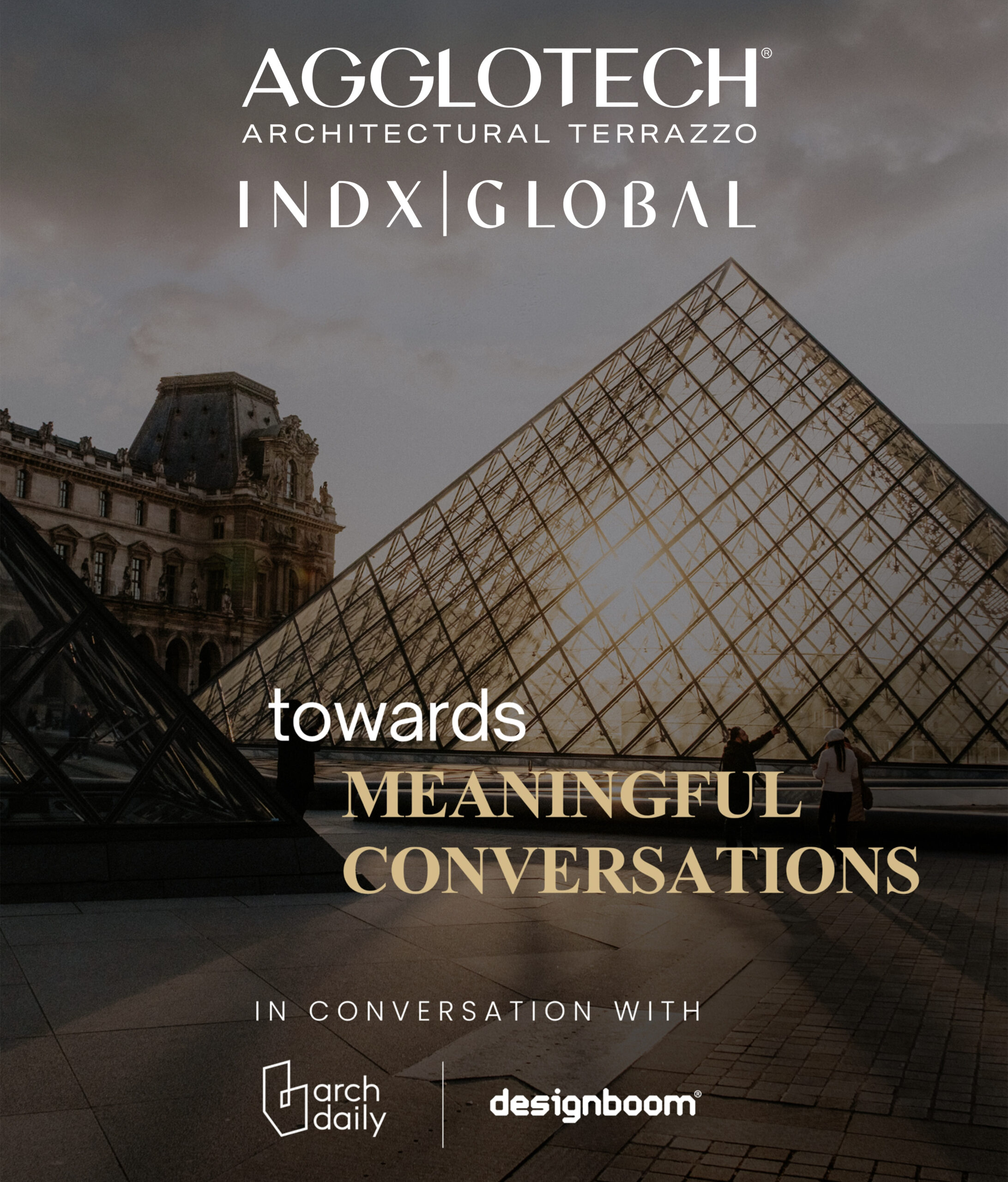 Promotional banner over the Louvre glass pyramid with large white text reading 'AGGLOTECH Architectural Terrazzo' and INDX Global Paris 2026 and sponsor logos at the bottom.